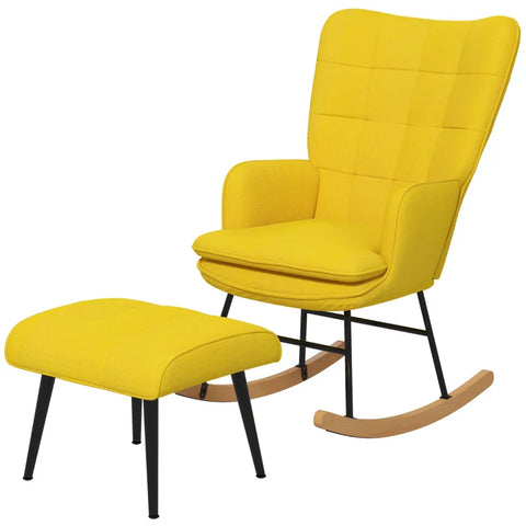 Rootz Rocking Chair With Ottoman - Scandi Design -brocking Chair With Footstool - Beech Wood - Quilting - Imitation Linen - Yellow - 64 cm x 89 cm x 90 cm