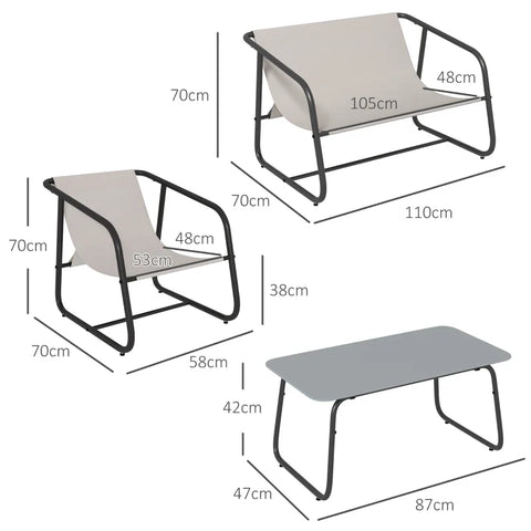 Rootz Garden Furniture Sets - 4-piece - Garden Seating - Lounge Furniture - 1 Sofa & 2 Armchairs - Steel+breathable Mesh - Gray+Cream White - 110 x 70 x 70 cm