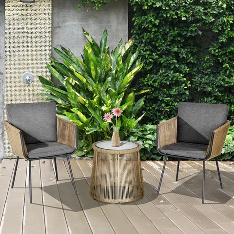 Rootz Garden Furniture - 3-piece Seating Group - 2 Chairs - Side Table - Seat & Back Cushions - Tempered Glass - Table Top - Artificial Rattan - PE Rattan-polyester - Gray - 42W x 50D cm