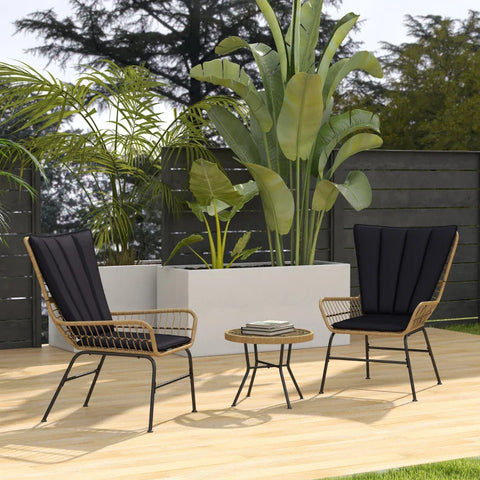 Rootz Garden Furniture Sets - Bistro Set - Boho Style - Balcony Furniture - Weather Resistant - Coffee Table - Seat Cushions - Steel Tube-pe Rattan - Natural Wood-black - 78 x 68 x 95 cm