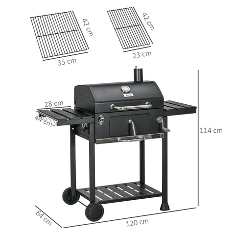 Rootz Charcoal Grill - Thermometer Bottle Opener - BBQ Grill Smoker - Practical Hand Crank - Warming Rack - Galvanized Steel-stainless Steel - Black - 120L x 64W x 114H cm