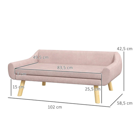 Rootz Pet Sofa - Dog Sofa - Scandi Design - Removable Cushion - Velvet Look - Pink + Natural - 102cm x 58.5cm x 42.5cm