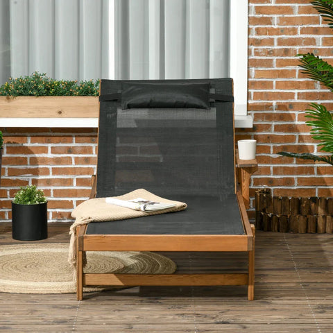 Rootz Garden Lounger - Sun Lounger - Adjustable Backrest - Breathable Fabric - Black + Brown - 85 x 200 x 84 cm