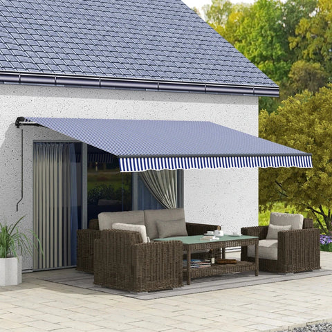 Rootz Sun Awning - Wall Mount - Awning Patio - Hand Crank - Weather Resistant - Aluminum-Metal - Blue - White - 365cm X 300cm