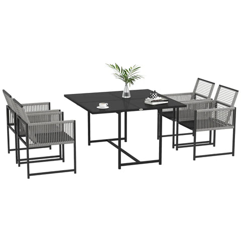 Rootz Garden Furniture Set - Outdoor Dining Set - Weather Resistant - 1 Table - 4 Chairs - Steel-tempered Glass-textline - Light Gray-Black - 48W x 43D x 40H cm