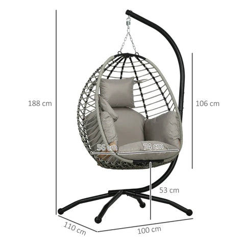 Rootz Outdoor Hanging Chair - Seat and Back Cushion - Foldable Seat Basket - Cup Holder - Metal Frame - Grey - 110L x 100W x 188H cm