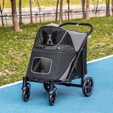 Rootz Foldable Dog Stroller - Pet Stroller - Dog Buggy - 1 Storage Basket - Universal Wheels - Shock Absorber - Gray - 112cm x 65cm x 100cm