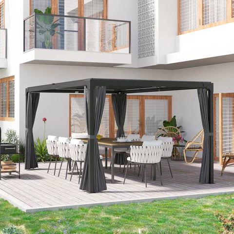 Rootz Pergola - Gazebo - 4 Curtains - 1 Retractable Roof - Sun Shade - Gray - 345cm x 295cm x 215cm
