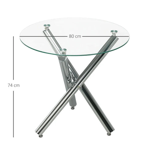 Rootz Dining Table - Round Tempered Glass Top - Rimless Design - for 2-4 People - Steel Legs - Transparent + Silver - 80 x 80 x 74 cm