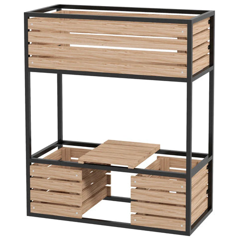 Rootz Raised Bed - 2 Tier Raised Bed - 3 Planter - Storage Shelf - Natural Wood - Metal Frame - Fir Wood - Light Brown - 83W x 39D x 100H cm