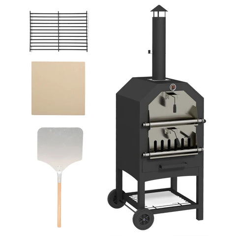 Rootz 2-in-1 Outdoor Pizza Oven - With Pizza Stone - Ash Compartment - 2x Grill Grate - Thermometer - Rustproof - Black - 66L x 45W x 158H cm