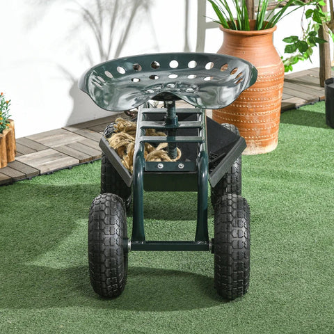 Rootz Garden Trolley - Swivel Seat - Height Adjustable - Garden Cart - Air-filled Tires - Strong - Steel-plastic-rubber - Dark Green - 83L x 36.5W x 45-60H cm