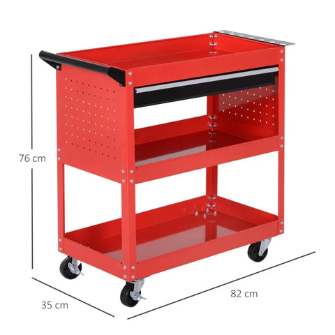 Rootz Tool Case - Tool Trolley - Tool Box - 3 Levels - 4 Wheels - Red - 82 cm x 35 cm x 76 cm