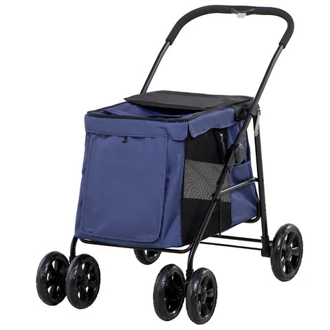 Rootz Pet Stroller - Foldable Dog Cat Pushchair - Pet Travel Carriage with 4 Wheels - Cushion - Safety Leashes - Storage Bags - for Small and Medium Dogs - Dark Blue - 102 cm x 62 cm x 105 cm