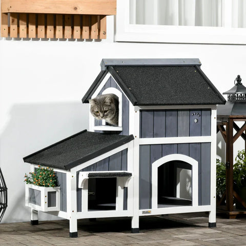 Rootz Outdoor Cat House - Two Level - Multiple Entrances - Water-Resistant Roof - Gray - 96 x 65 x 85.5cm
