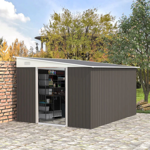 Rootz Metal Tool Shed - Garden Shed - Pitched Roof - Lockable Double Door - Tool Storage House - 2 Air Vents - Grey - 2.8 x 3.45 x 2.01m