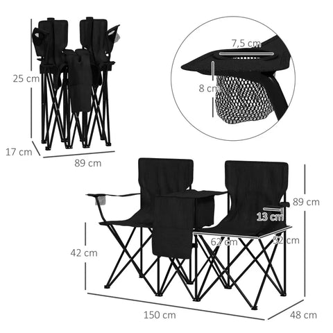 Rootz Camping Chair - Camping Bench - 2-seater - Camping Chairs - 1 Cool Box - 1 Shelf - Carry Bag - Oxford Fabric - Steel - Black - 150L x 48W x 89H cm