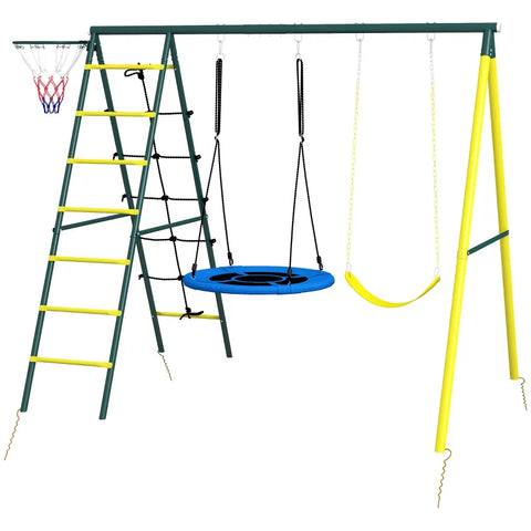 Rootz Children's Swing Set - 4 In 1 Swing Frame Swing - Basketball Hoop - Climbing Ladder - Garden Swing - 3-8 Years Children - Plastic+oxford Cloth - Yellow+green+blue - 267L x 180W x 202H cm