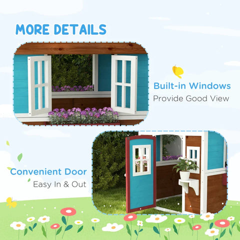 Rootz Children's Playhouse - Wooden Playhouse - Weatherproof - Flower Boxes - Fir Wood - Brown+Blue+White+Red - 114L x 126.4W x 135H cm