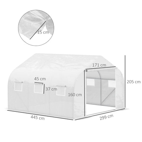 Rootz Tunnel Greenhouse - 6 Roll Up Windows - Zip Door - Tear Resistant Film - Metal Frame - White - 4.45 x 3 x 2.05m