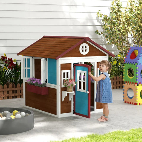Rootz Children's Playhouse - Wooden Playhouse - Weatherproof - Flower Boxes - Fir Wood - Brown+Blue+White+Red - 114L x 126.4W x 135H cm