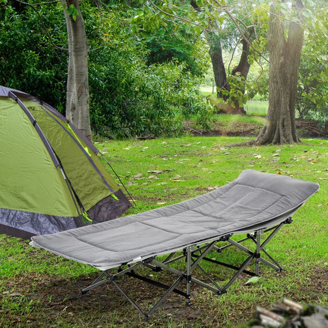 Rootz Camping Bed - Folding Camp Bed - Folding Bed With Pillow - Side Pocket - Mattress - Guest Bed - Can Hold Up To 150 Kg - Oxford - Light Gray - 188 x 64.5 x 53 cm