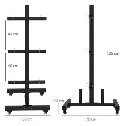 Rootz Weight Plate Rack - 6 Support Arms - 2 Sleeves For Weight Bars - Up To 200 Kg - Steel - Black - 70 x 60 x 135 cm