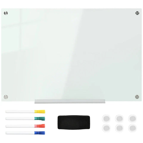 Rootz Glass Whiteboard - Memo Board - Whiteboard - 4 Pens - 6 Magnets - 1 Sponge - 1 Shelf - Office Supplies - White - 90L x 60W cm