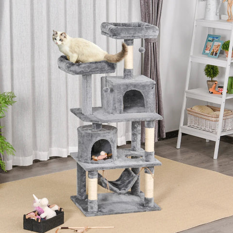 Rootz Cat Scratching Post - Cat Tree with Hammock - Climbing Tree for Cats - Cave Cat Furniture with Sisal Posts - Light Gray - L60 x W50 x H145 cm