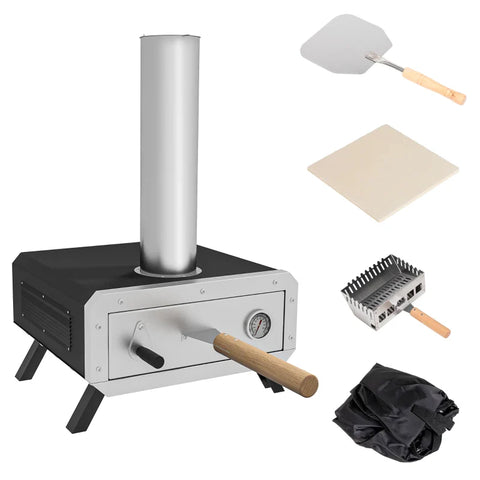 Rootz Pizza Oven - 2-in-1 Outdoor Pizza - Wood-burning Oven - Pizza Shovel - Wood pellets - Grill Oven+BBQ - Stainless Steel - Black + Silver - 82L x 39.5W x 58Hcm