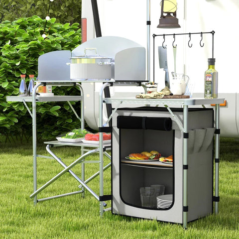 Rootz Camping Kitchen - Outdoor Kitchen - Uv Protection - Table Top - 3-sided - Carry Bag - Aluminum - 600d Oxford Fabric - Silver -  144L x 48W x 119H cm
