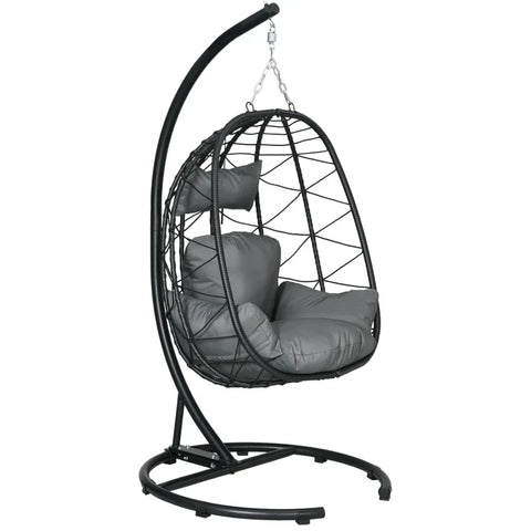 Rootz Hanging Chair - Outdoor Hanging Chair - Egg Chair - Weather Resistant - Includes Padding - Pillow - Rattan Rocking Chair - Steel-PE Rattan-polyester-PP Foam - Black-dark Gray - 102cm X 102cm X 195cm