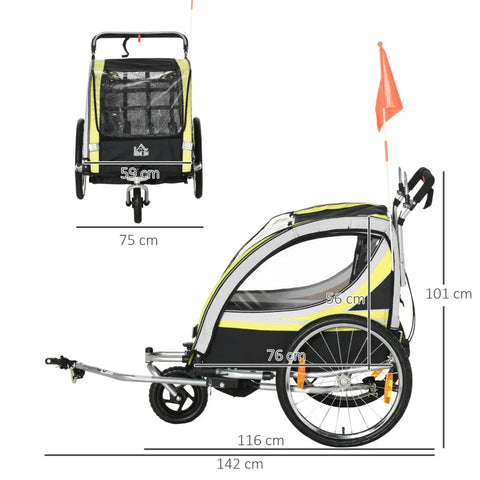 Rootz 2-in-1 Bicycle Trailer - For 2 Children - Sliding Function - Rain Cover - Brake - Oxford Fabric - Yellow + Black - 142cm x 75cm x 101cm