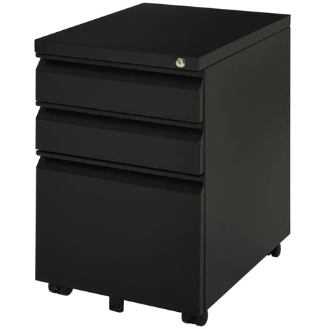 Rootz Rolling Container - Filing Cabinet - 3 Drawers - 5 Wheels - Hanging File - Lockable - Steel - Black - 39 x 48 x 60 cm