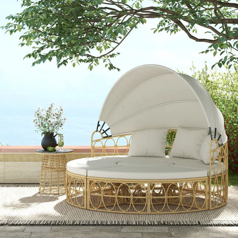 Rootz Sun Island - 4-part - Extendable Roof - 5 Cushions - Coffee Table - Rattan Look - Beige - 178W x 85D x 66.5H cm