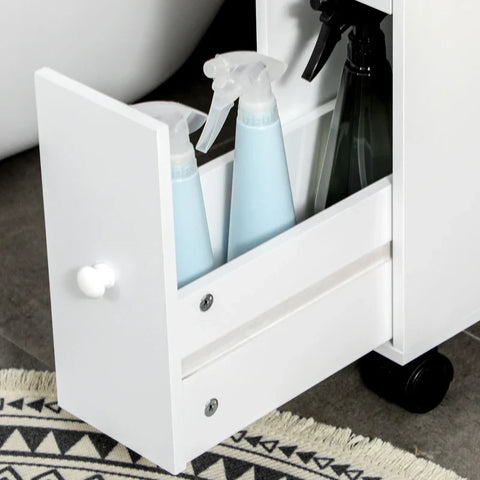Rootz Bathroom Cabinet - Slim Design - Rolling Cabinet - Two Drawers - Four Wheels - MDF Frame - White - 16L x 49.5W x 66H cm