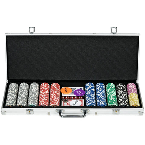 Rootz Casino Accessories - Chips Poker Set - Chips Poker Chip Case - Including Mat - 500 Chips - Set For 9-10 Players - Silver - 56L x 23.5W x 6.5H cm