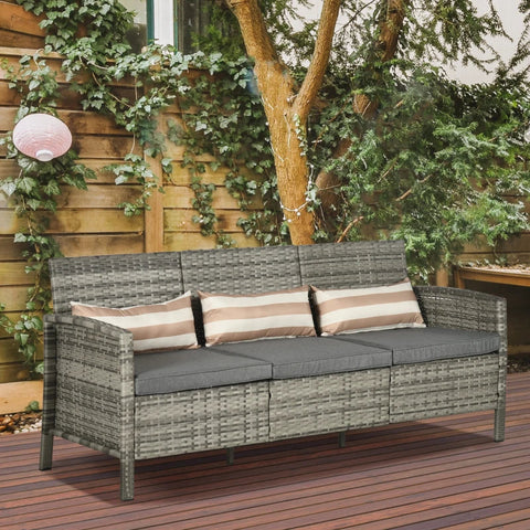 Rootz Rattan Sofa with Cushions - Three Seater Garden Lounge Sofa - Steel - Grey - 173 x 68 x 78 cm