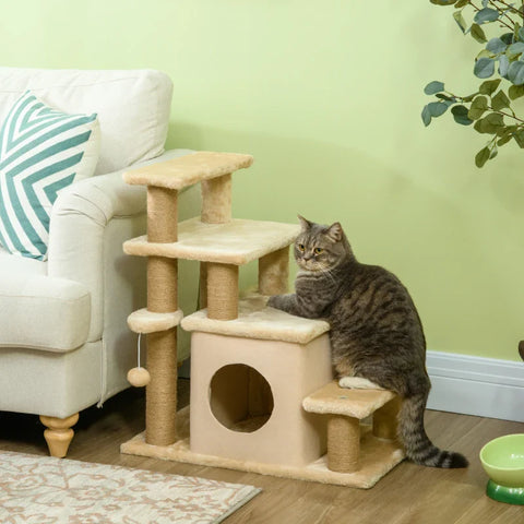 Rootz Pet Stairs - Scratching Post - 4 Steps - Play Ball House - Height Adjustable - Chipboard - Plush - Felt Fabric - Beige - 60 X 40 X 66 Cm