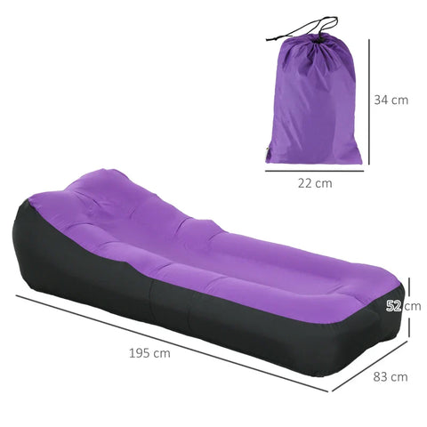 Rootz Air Mattress - Inflatable Bean Bag - Waterproof - Load Capacity 200 Kg - Carry Bag - Tear-resistant - Long-lasting - Polyester-PE - Purple - 195L x 83W x 52H cm