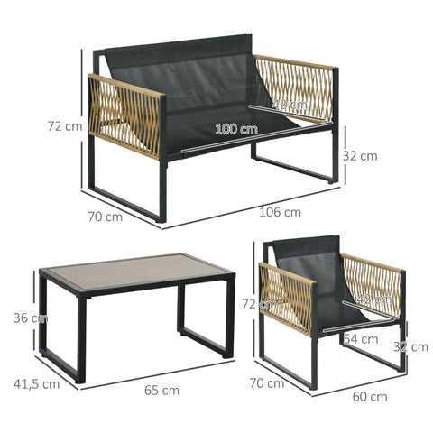 Rootz Garden Furniture Set - 4 Pieces - Sofa - 2 Chairs - Table - Glass Top - Seat Cushions - PE Rattan-polyester-steel - Anthracite-brown - 106 x 70D x 72H cm