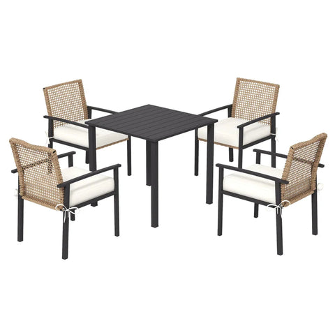 Rootz Garden Set - 5 Pieces - Table - 4 Chairs with Seat Cushions - Metal Frame - Rattan Decor - Natural - 79cm x 79cm x 75cm