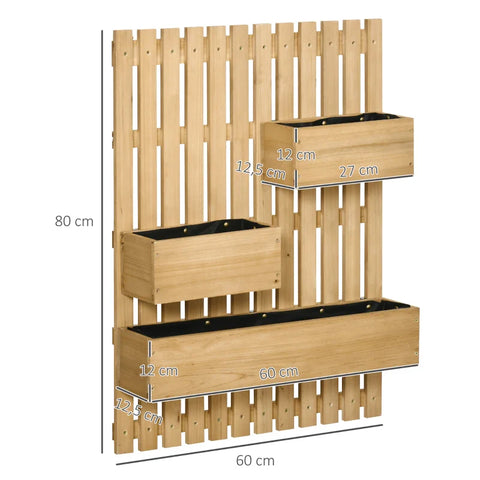 Rootz Wall-mounted Wooden Garden Planters with Trellis - Drainage Holes - 3 Movable Planter Boxes - Wall Raised Garden Bed for Patio - Natural - 60 x 16 x 80 cm