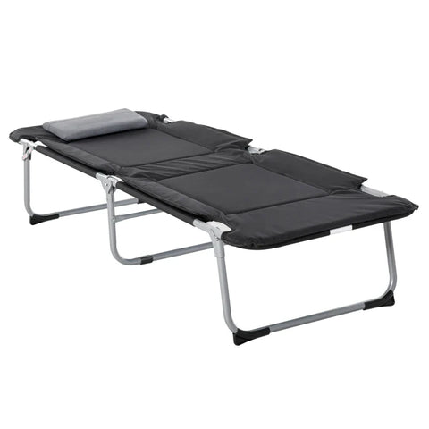 Rootz Camping Bed - Folding Bed with Pillow - Camping Lounger for Outdoor Camping Travel - Black + Silver - 183 x 66 x 33 cm