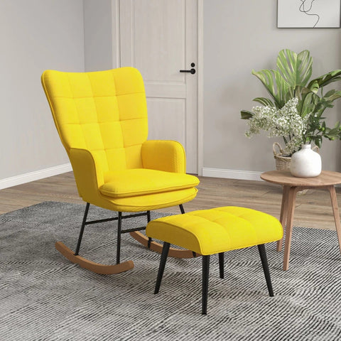 Rootz Rocking Chair With Ottoman - Scandi Design -brocking Chair With Footstool - Beech Wood - Quilting - Imitation Linen - Yellow - 64 cm x 89 cm x 90 cm