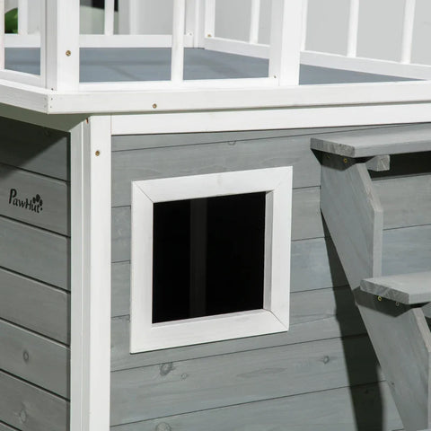 Rootz Dog House - Roof Terrace - Stairs - Window - Floor Clearance - Natural Wood - Light Gray - 121 x 77 x 78cm