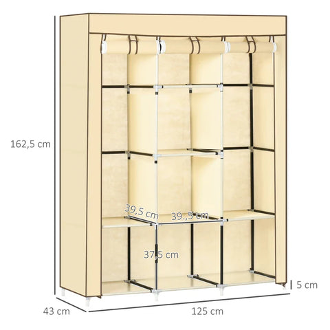 Rootz Fabric Cabinet - Closet Storage Solution - 8 Shelves - 2 Clothes Rails - Non-woven Fabric - Plastic - Beige - 125L x 43W x 162.5H cm