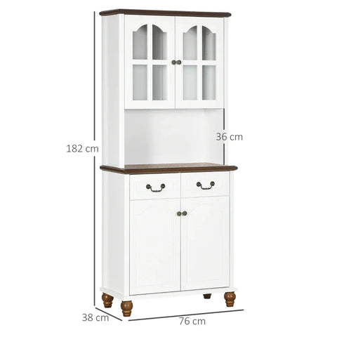 Rootz Kitchen Cabinet - Buffet - 2 Drawers - 2 Cabinet Compartments - Classic Design - White + Dark Brown - 76 x 38 x 182 cm