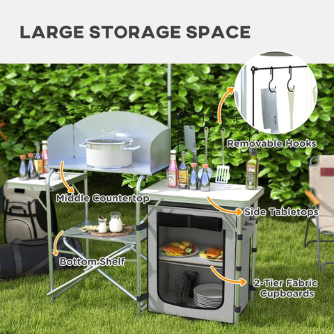 Rootz Camping Kitchen - Outdoor Kitchen - Uv Protection - Table Top - 3-sided - Carry Bag - Aluminum - 600d Oxford Fabric - Silver -  144L x 48W x 119H cm