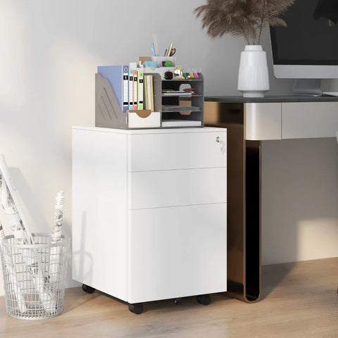 Rootz Rolling Container - Filing Cabinet - 3 Drawers - Lockable - Rollable - Pre-assembled Body - White - 37 cm x 43.5 cm x 60 cm